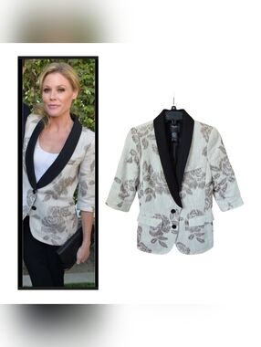 Smythe Tan Metallic Glitter Rose Contrast Lapel Wool Linen Blend Blazer Size 4